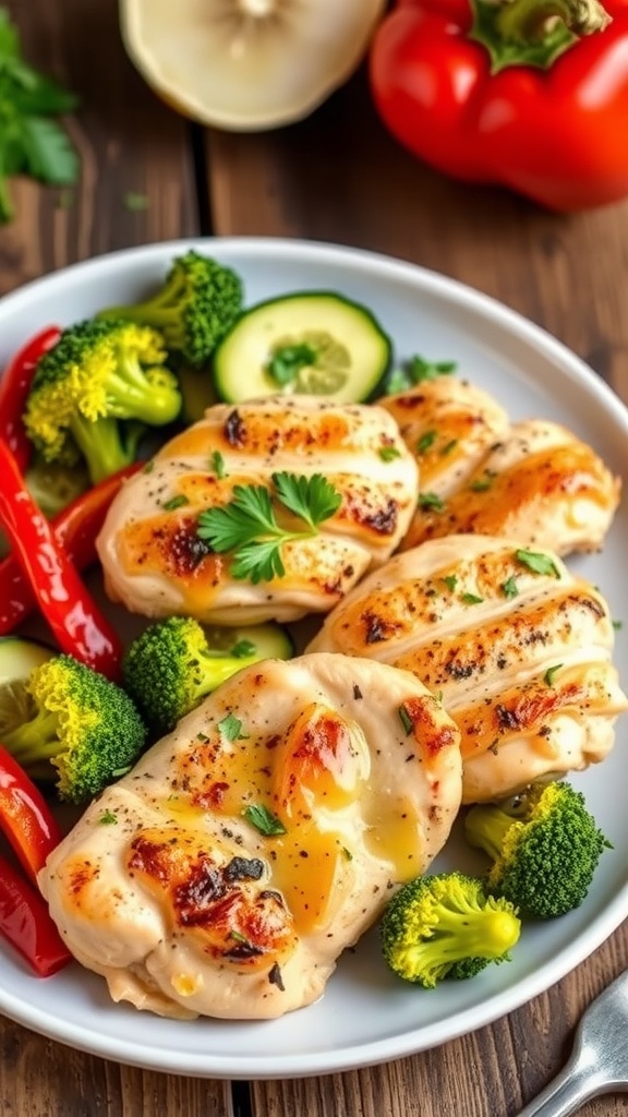Air fryer chicken and vegetables served on a plate, featuring colorful bell peppers, zucchini, and broccoli.